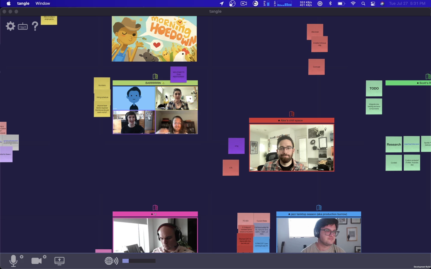 Remote workers join a virtual office space featuring a shared creativity space and individual or meeting rooms