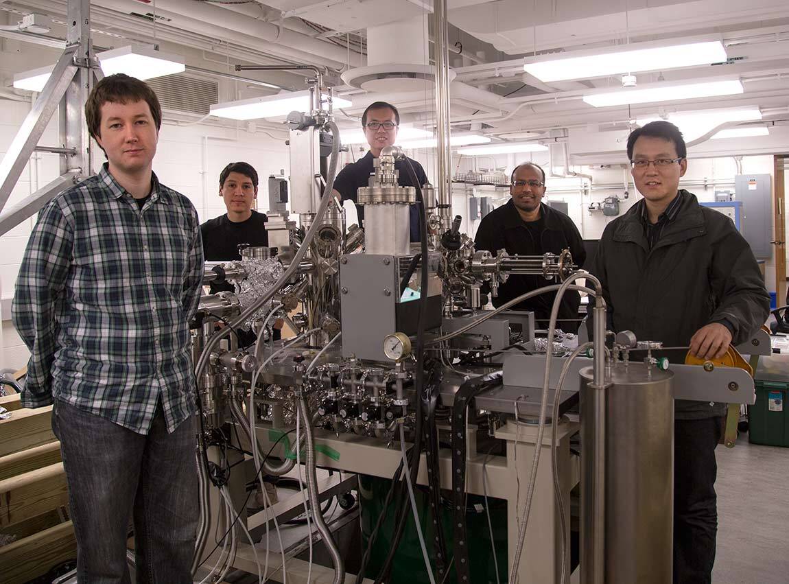 Researchers from Princeton's Department of Physics, (from left to right) graduate students Ilya Belopolski and Daniel Sanchez; postdoctoral research associate Guang Bian, professor of physics M. Zahid Hasan, and associate research scholar Hao Zheng.