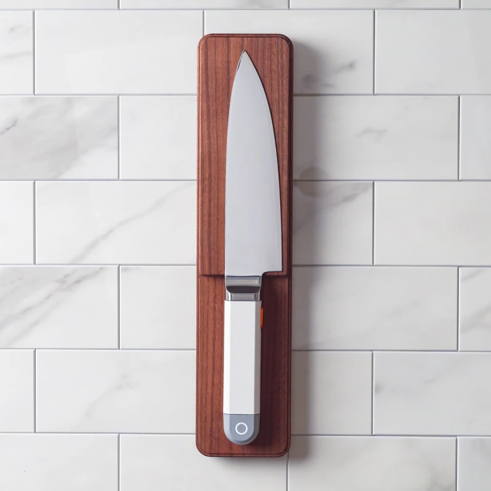 The knife pairs with this wooden tile that magnetically holds it in place, and wirelessly charges the C-200