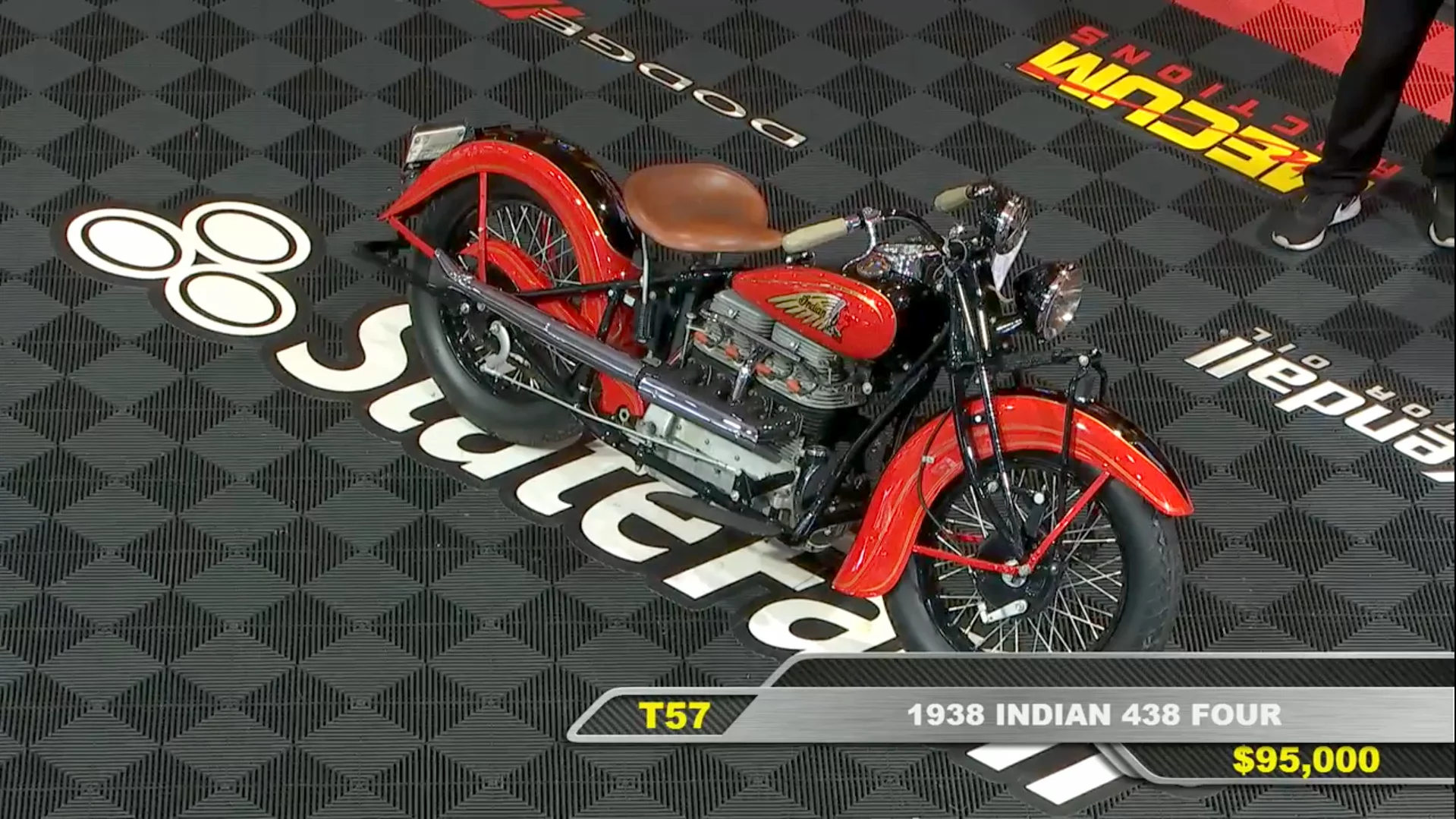 A fully-restored 1938 Indian 438 Four of spectacular beauty that has featured on the cover of books and magazines, matching numbers, numerous first place and best of show awards. At $104,500, it was one of the bargains of the week. Official Auction Description