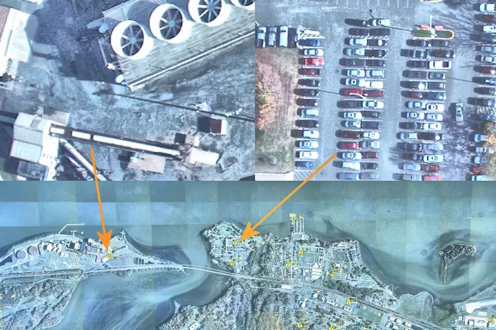 Below appears part of an ARGUS-IS image of Quantico Marine Corps Base in Virginia, while above appear two targeted areas that suggest the six inch resolution of the camera