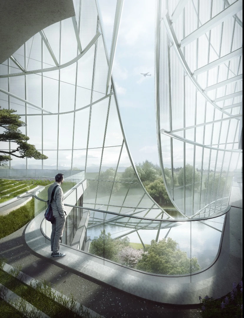 The building will be surrounded by a translucent PTFE sun shade