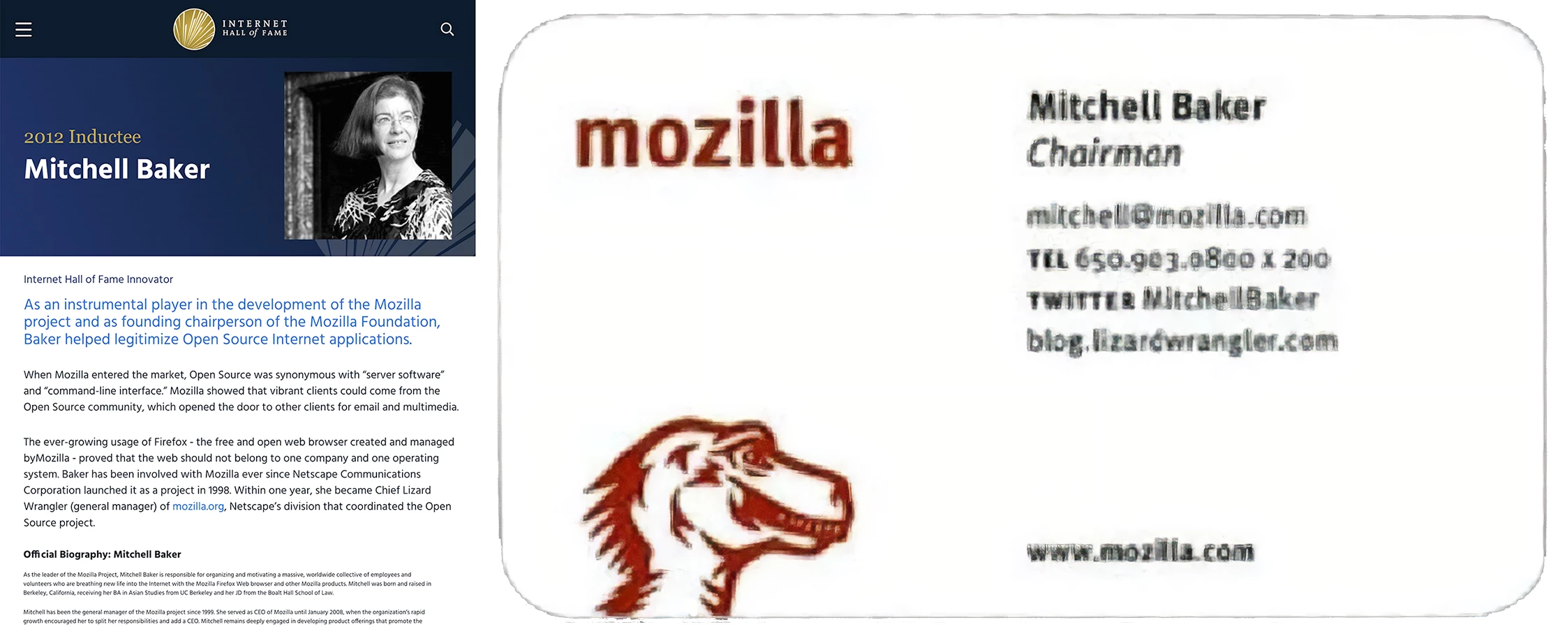 Mitchell Baker made significant contributions to the internet and the open web as a co-founder of the Mozilla Project and as a leader at Mozilla Corporation and the Mozilla Foundation. She is a strong advocate for the open web, open source, and the importance of connecting technology to its impact on individuals and society.