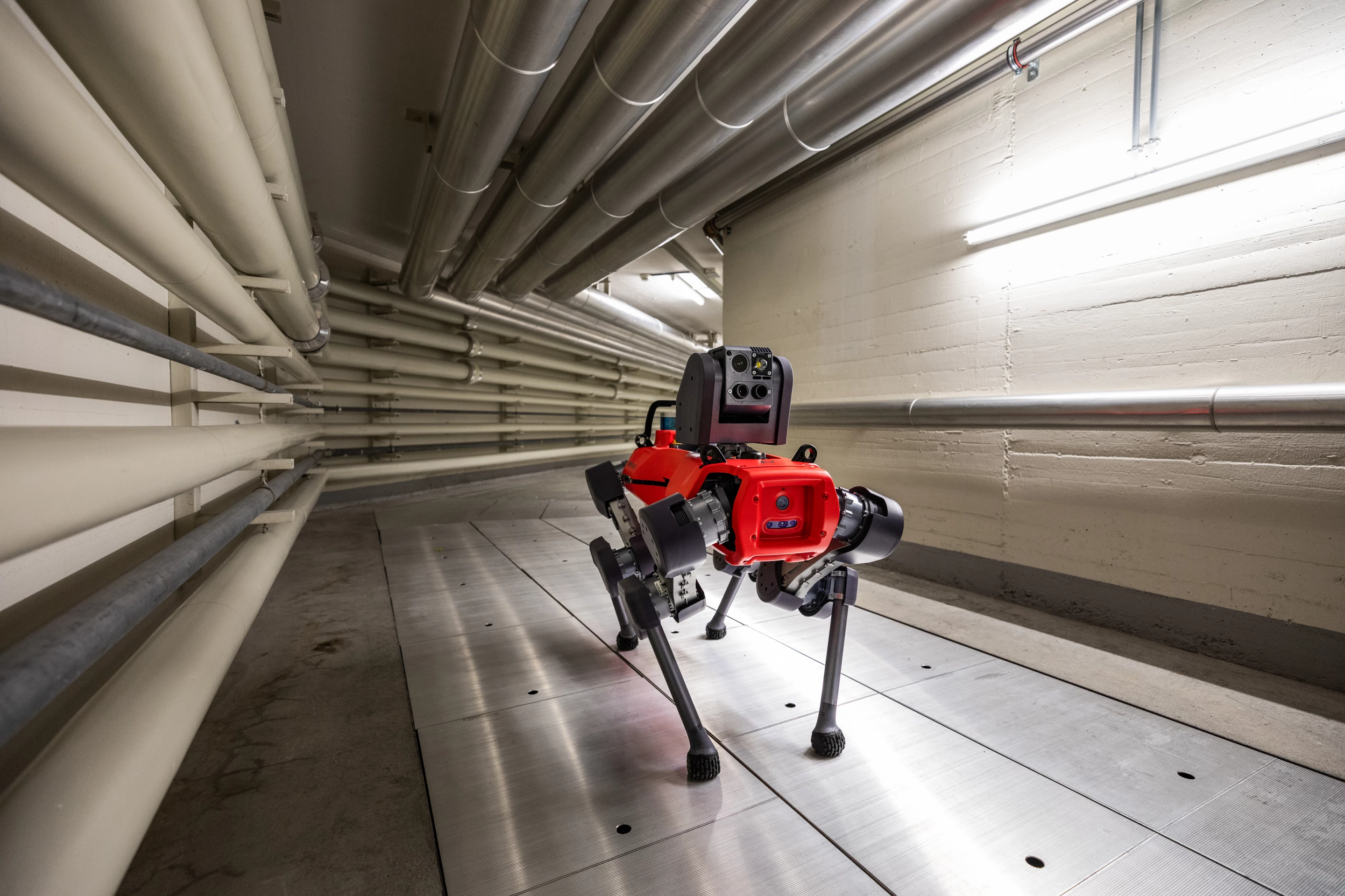 The ANYmal D walking robot autonomously makes its way around a facility with the help of depth cameras, LiDAR and vision cameras