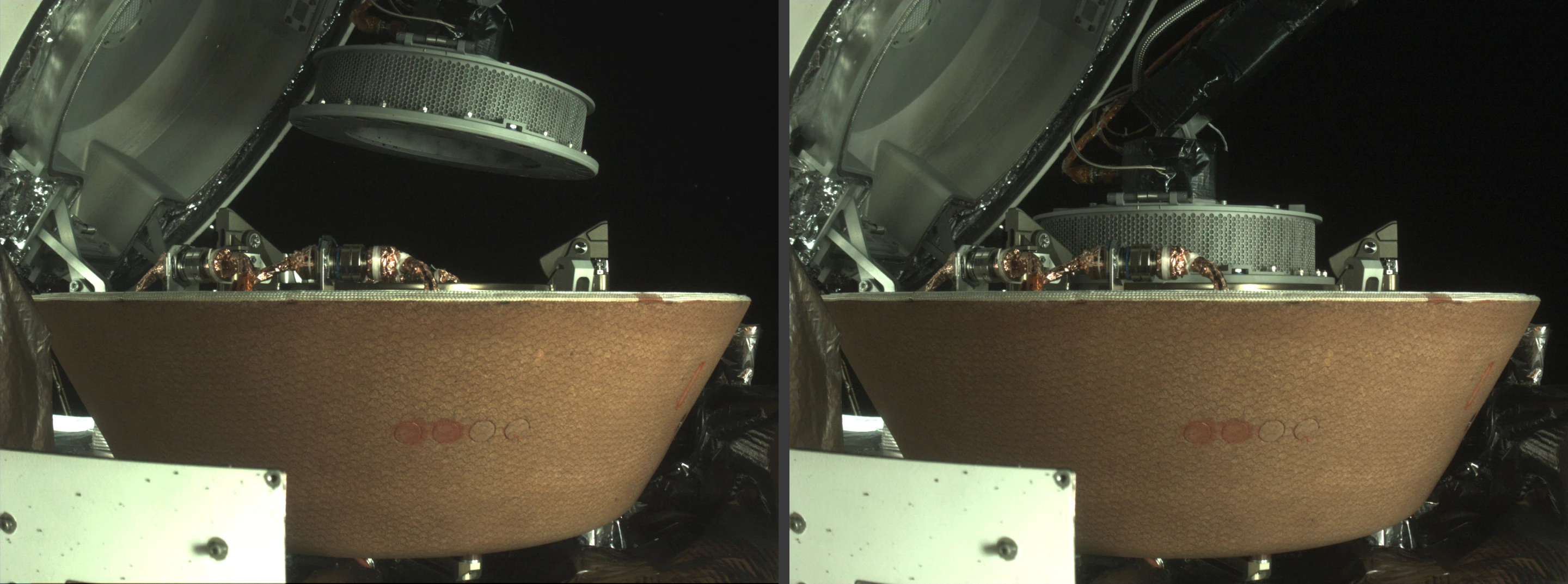 The sampler head approaches the return capsule (left) and is secured
