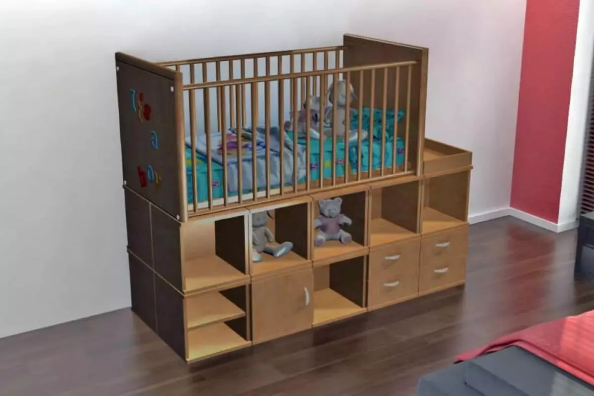 ModCubes can be reconfigured to form different pieces of furniture, such as this crib/cupboard unit
