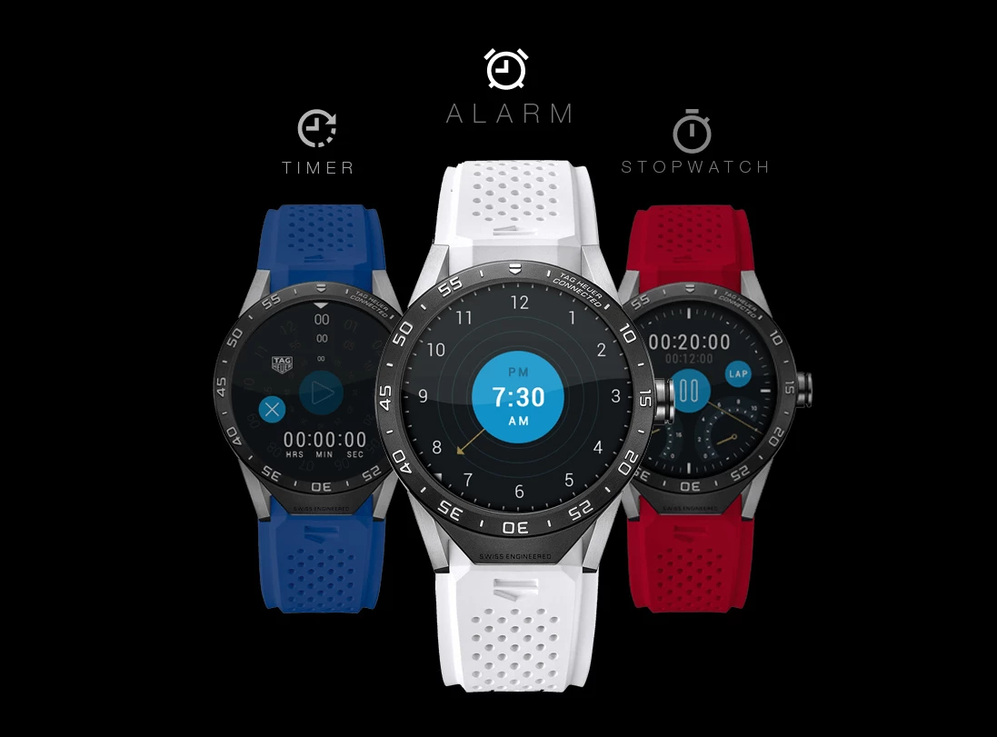 Three of the band color options for Tag Hueuer Connected