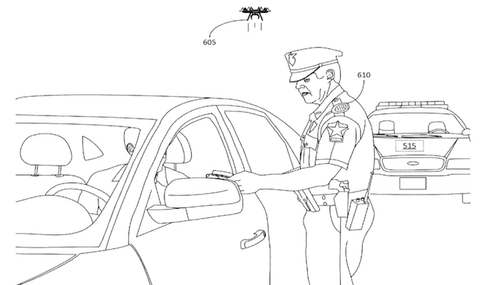 Amazon's patent suggests that police may use the drone as a flying dashcam, following them and recording everything during routine traffic stops