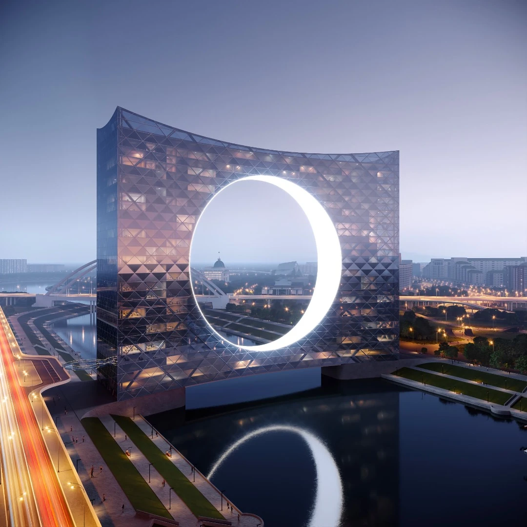 The Tower of the Sun "celebrates near net-zero energy requirements by using the power of water stream in the river underneath"