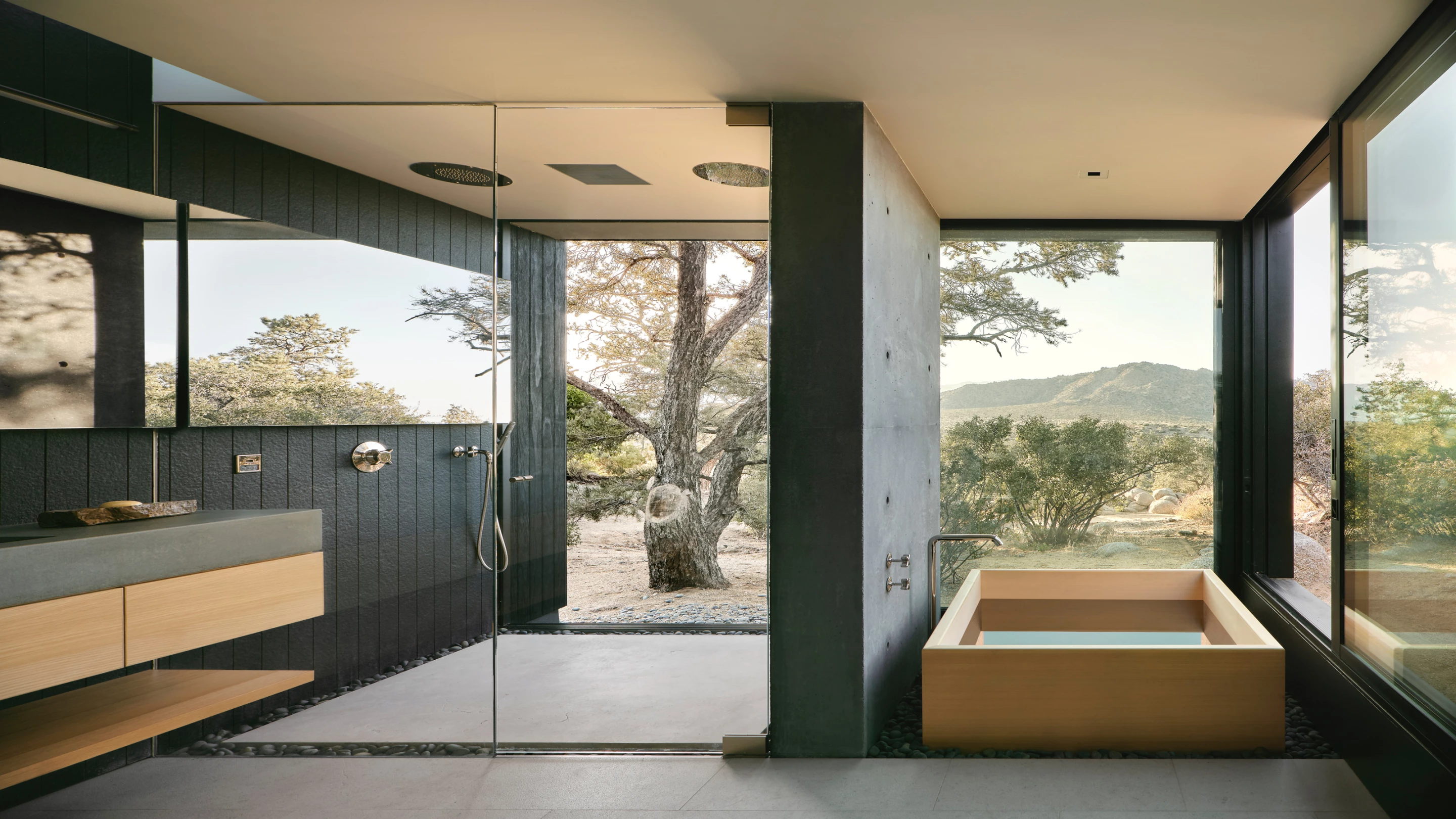 High Desert Retreat's interior is finished in durable wood, stone, and steel