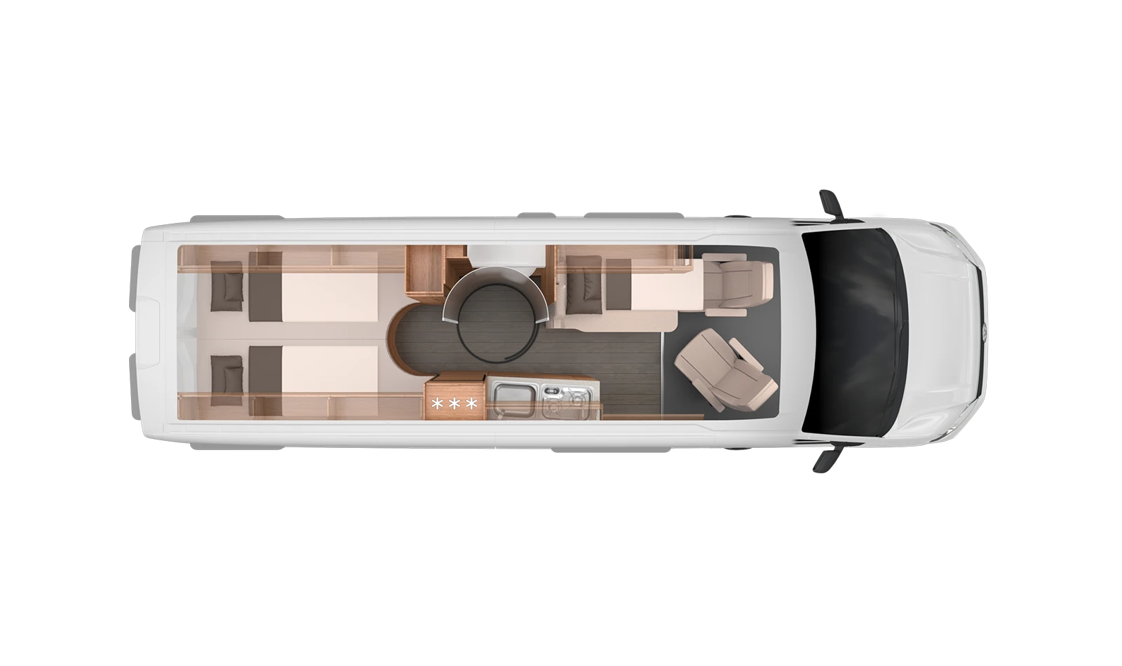 Knaus Boxdrive 680 floor plan with dinette converted to bed