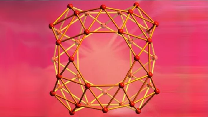 The first experimental evidence has shown that clusters of 40 boron atoms form a molecular cage similar to the carbon buckyball (Image: Wang lab / Brown University)