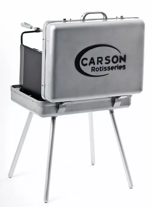 The Carson Portable Rotisserie Grill is a fully-functioning powered rotisserie, that packs away like a briefcase when not in use