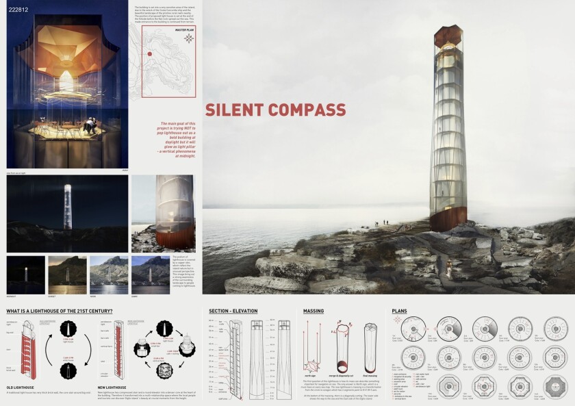 Runner-up Silent Compass heeds the classic lighthouse shape with a tubular structure that rises to a total height of 64 m (209 ft)