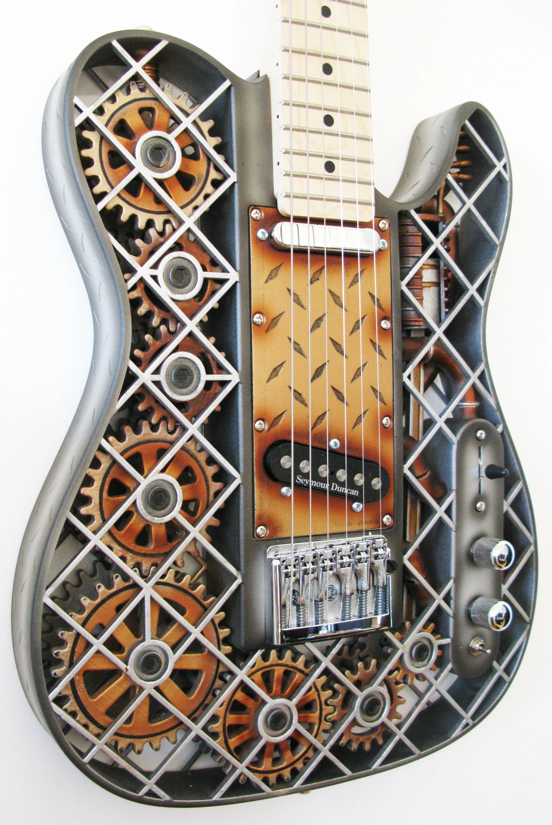 The Steampunk Guitar after being treated to a custom airbrushing by New Zealand artist Ron van Dam