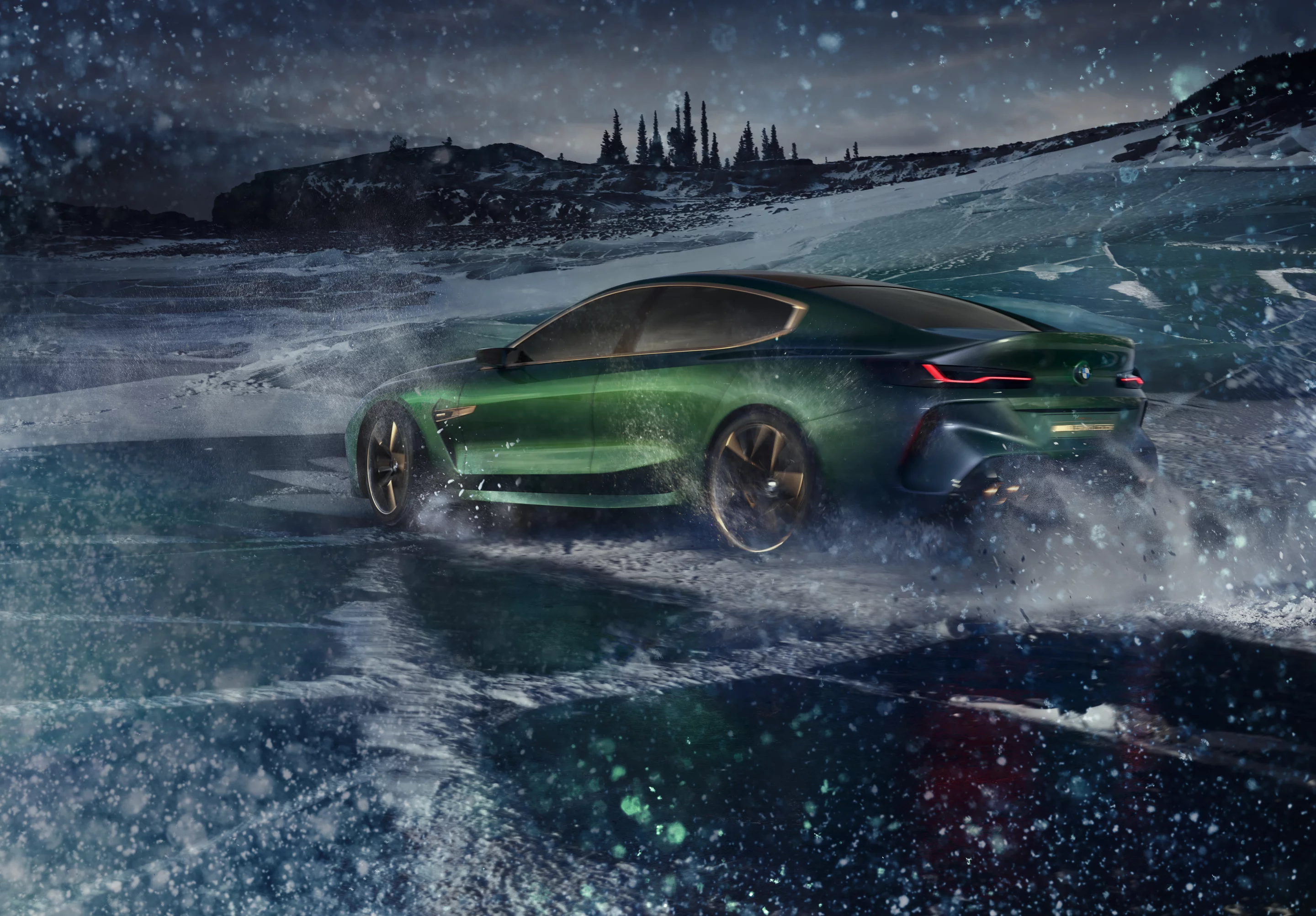 For promotion, BMW showcased the M8 Gran Coupe concept in ice-inspired imagery with dynamic poses