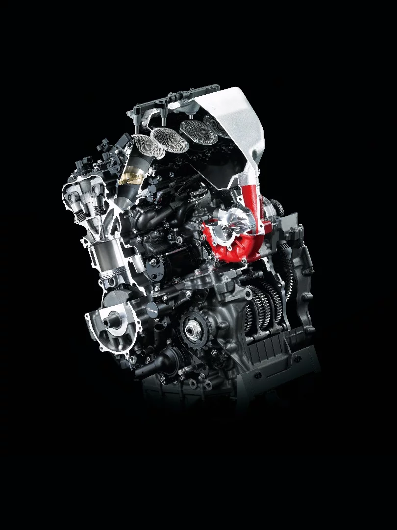 The supercharged four-cylinder motor of the Kawasaki H2 family produces 200 hp in the road-legal 2017 H2 and H2 Carbon versions