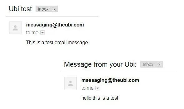 Ubi successfully sent emails to one of the two contacts I set up