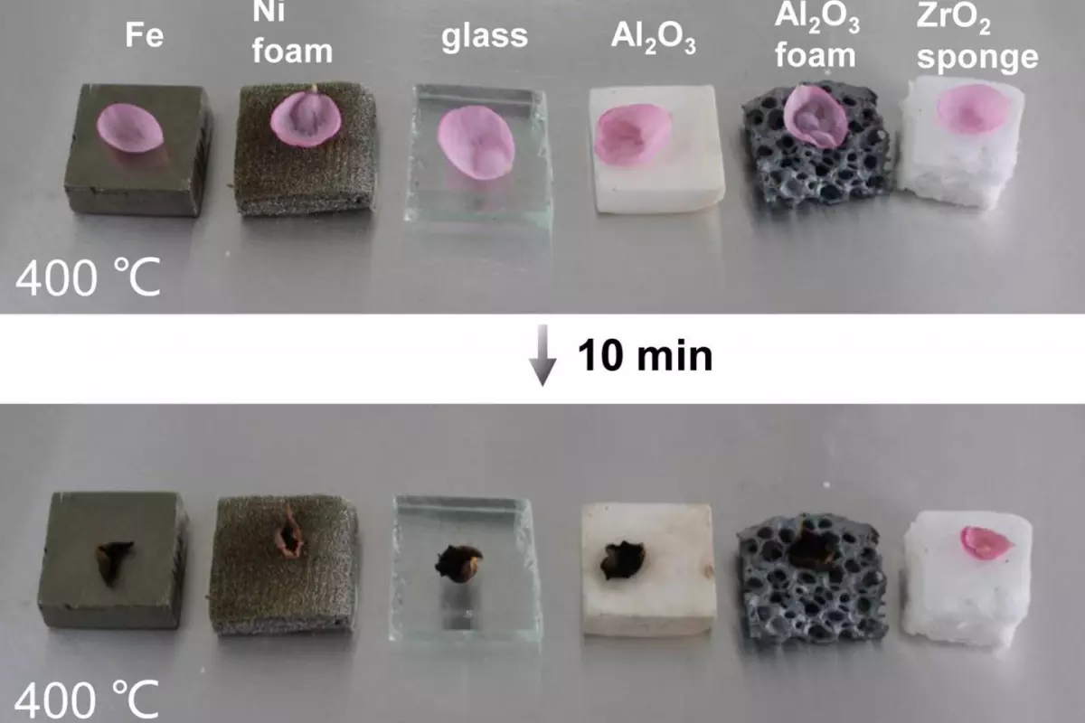 A sample of the ceramic sponge (far right) protects a flower petal from heat, where other porous ceramic materials fail