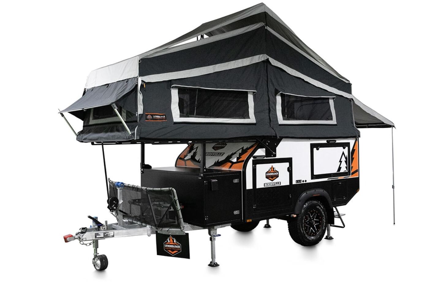 Lumberjack's hardedged teardrop trailer folds into a tiny cabin