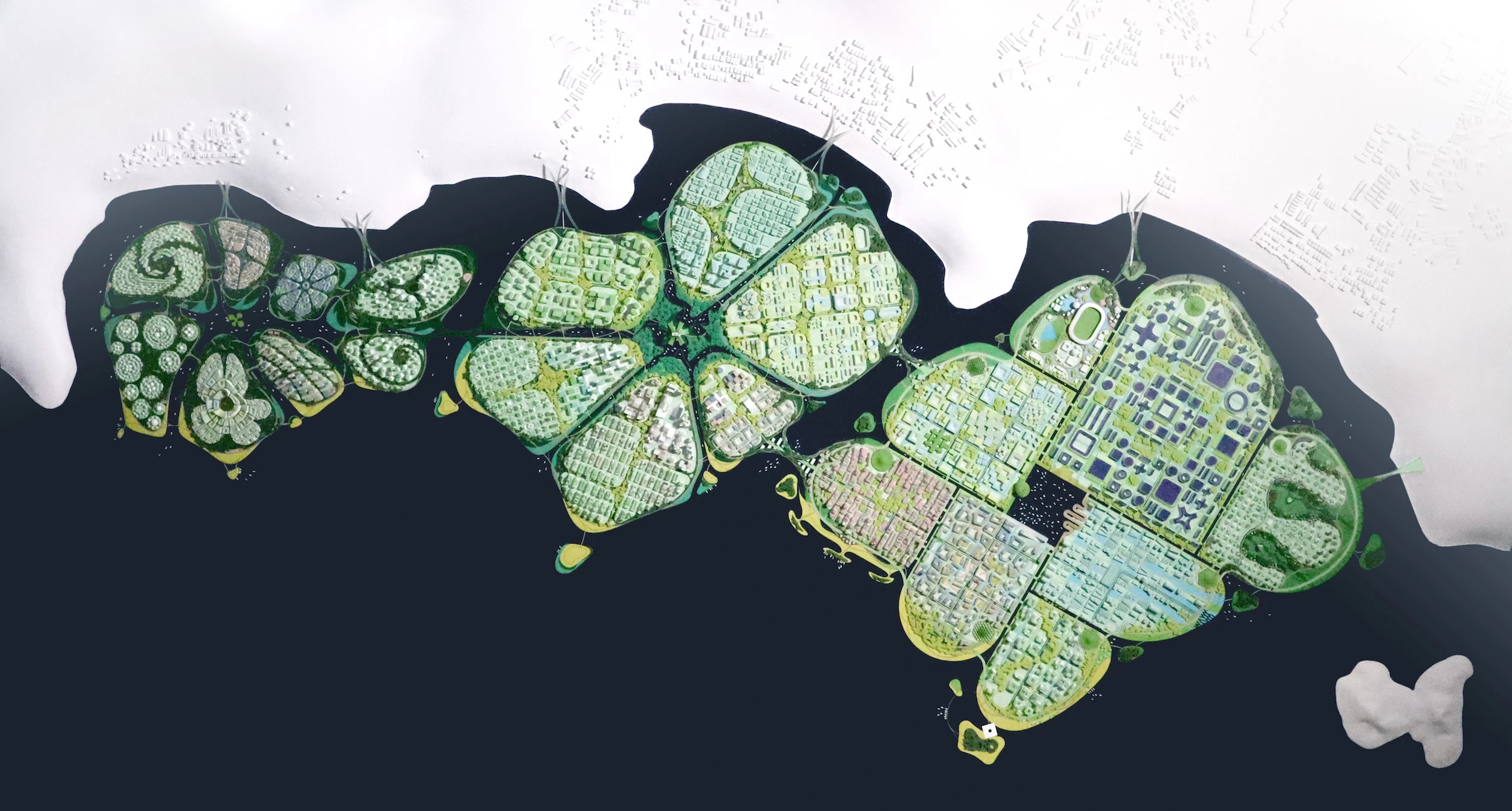 A top-down render depicting all three islands that make up the BiodiverCity proposal