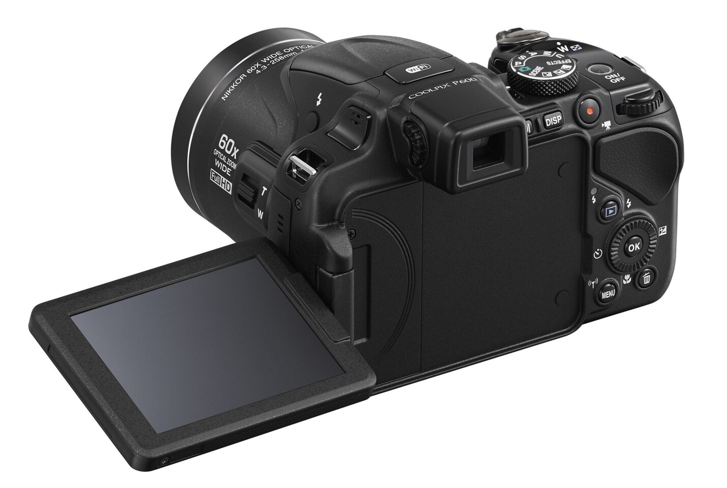There's an EVF and a 3-inch, 921k dot, vari-angle LCD on the rear of the Nikon Coolpix P600
