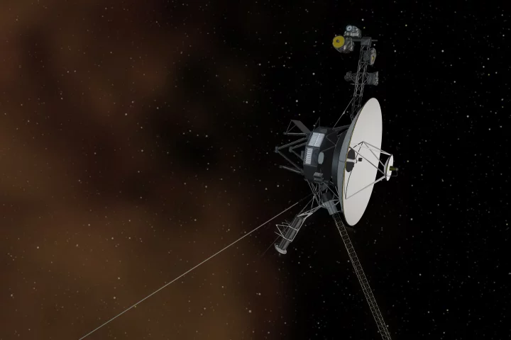 Artist's impression of Voyager 1 leaving the Solar System with the plasma layer represented as a brown cloud (Image: NASA/JPL-Caltech)