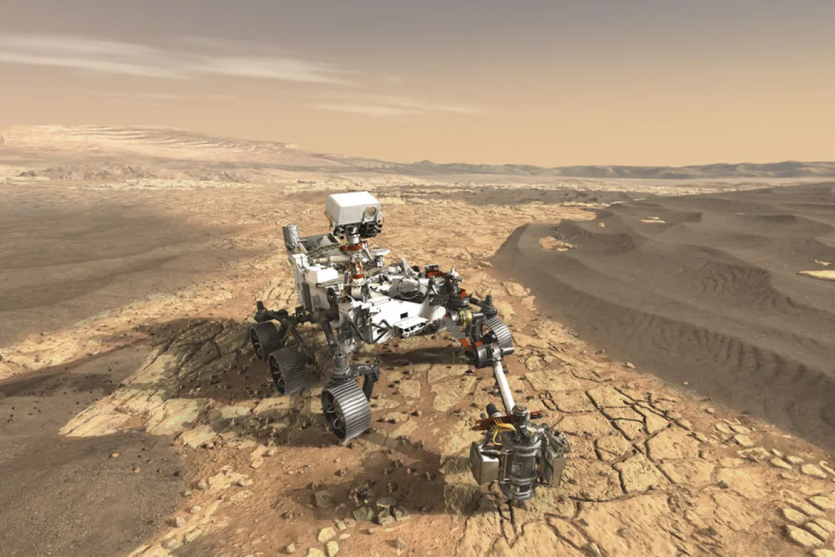 An artist's rendering of the Mars 2020 rover on the surface of the Red Planet