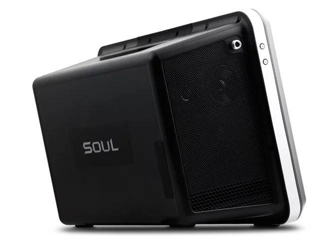 SOUL says that the Party in a box P910's combination of an onboard digital signal processor with built-in 12-setting EQ and eight side-firing speaker drivers offers a superb balance of deep bass with crystal clear mids and highs