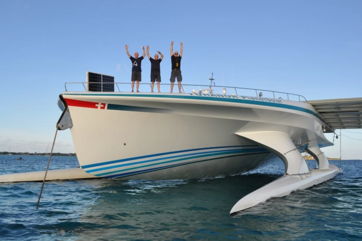 The Turanor PlanetSolar arrives at the town of Marigot on the island of St. Martin