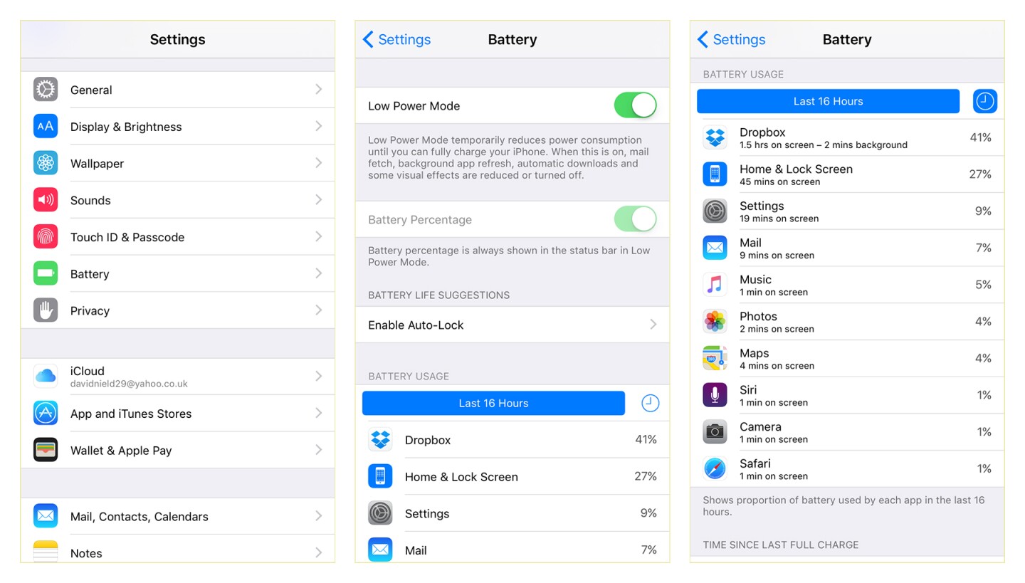 iOS 9 brings with it better battery management and a new low power mode