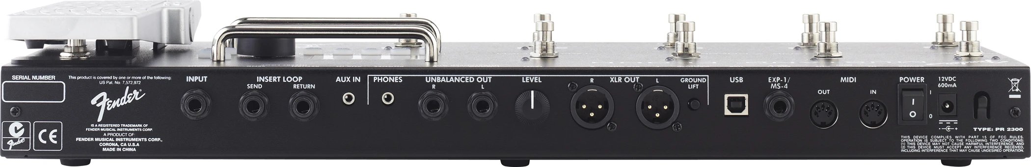 The rear of the Mustang Floor, showing the connectivity options - including one 0.25-inch input jack for the instrument, a send and return loop, MIDI in/out, and two XLR and two 0.25-inch outputs
