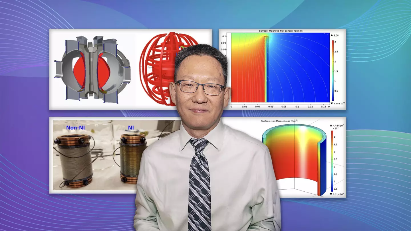 Yuhu Zhai, a principal engineer at PPPL, with images detailing his research on magnets for tokamak fusion reactors