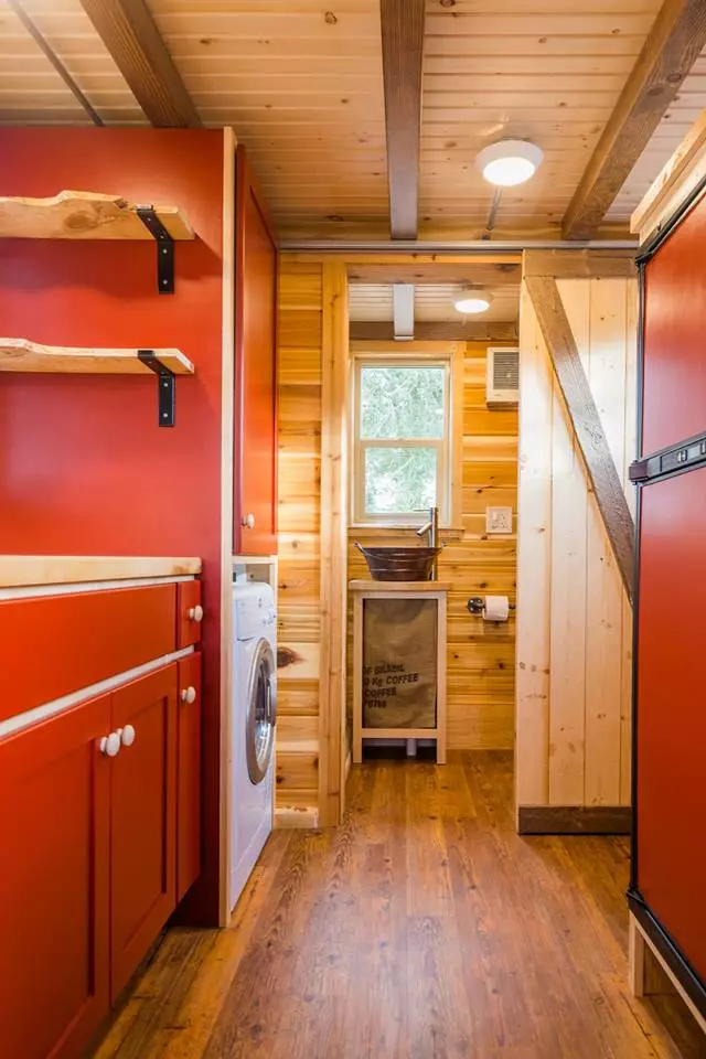 View towards the bathroom in Davis's 22 ft Off-Grid Tiny Home