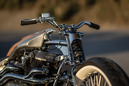 This custom Royal Enfield chopper is fitted with a four-cylinder drivetrain