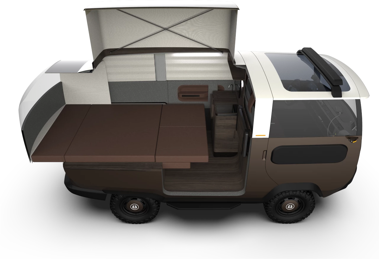 The camper variant of the eBussy/Xbus includes a pop-up roof and a rear slide-out, turning the 364-cm-long van into a comfy camper
