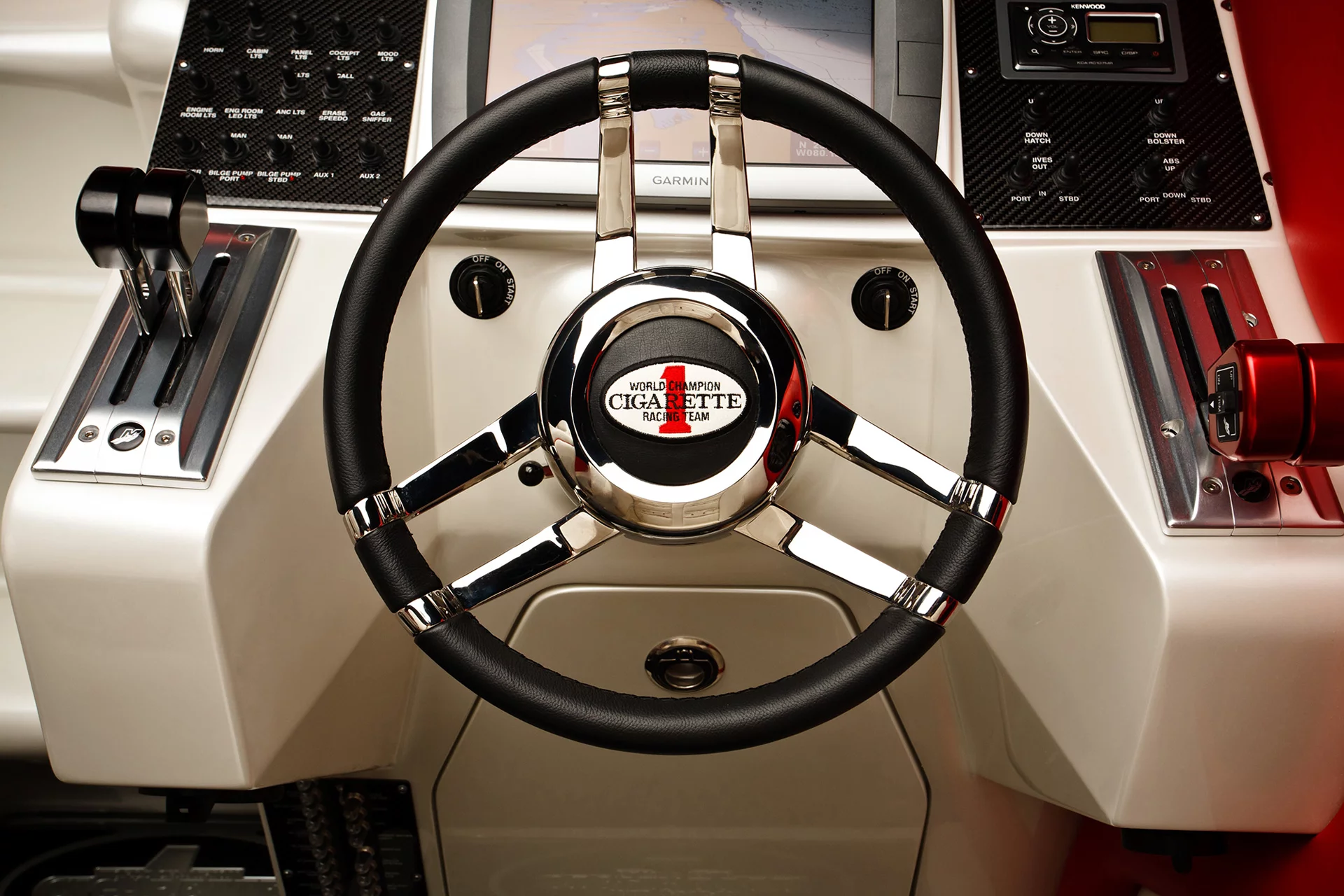 The view from the cockpit of the Cigarette 42x Ducati Edition