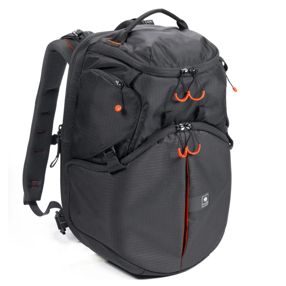 The Kata Revolver-8 backpack stores a DSLR camera and up to five lenses in a rotating internal chamber for quick and easy access