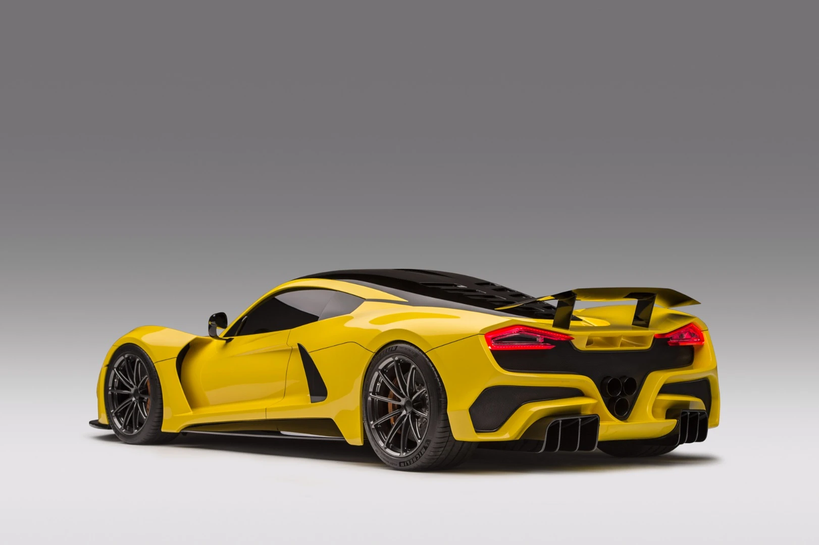 A newly designed chassis and carbon fiber body give Hennessey's Venom F5 hypercar a curb weight of 2,950 lb (1,338 kg)