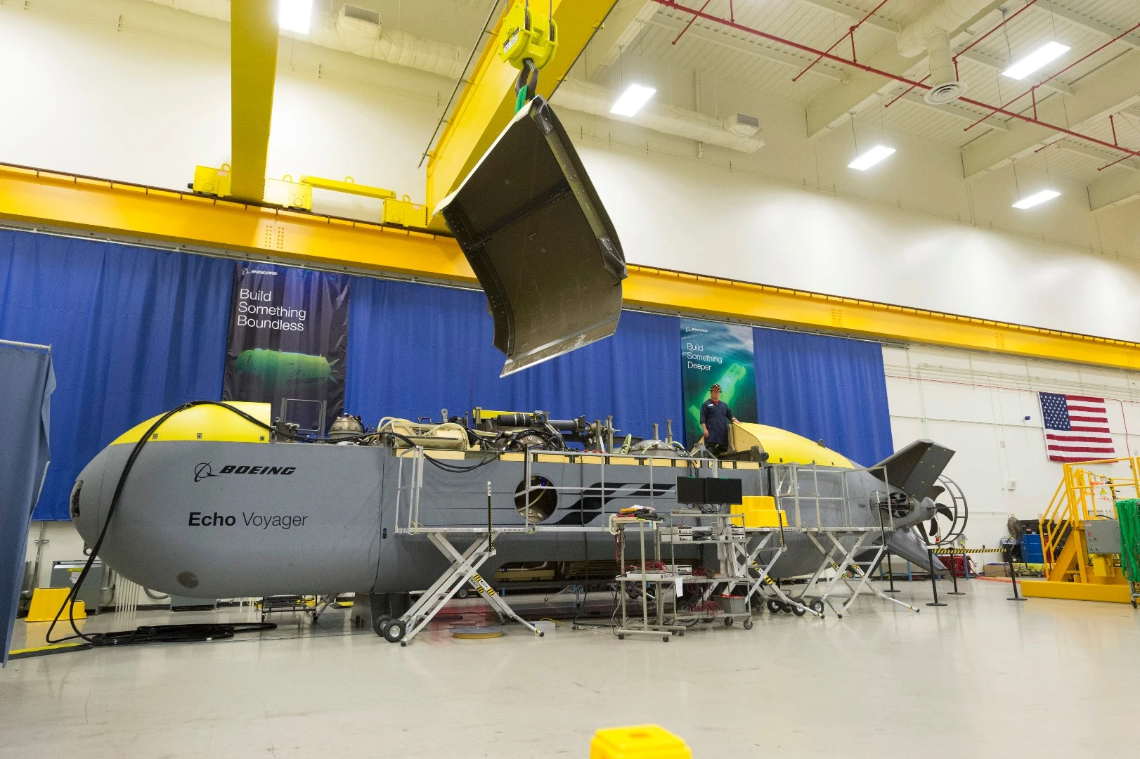 The 51-foot (15.5-m)-long Voyager (pictured) joins two other Boeing unmanned undersea vehicles, or UUVs: the 32-ft (9.8-m) Echo Seeker and the 18-ft (5.5-m) Echo Ranger