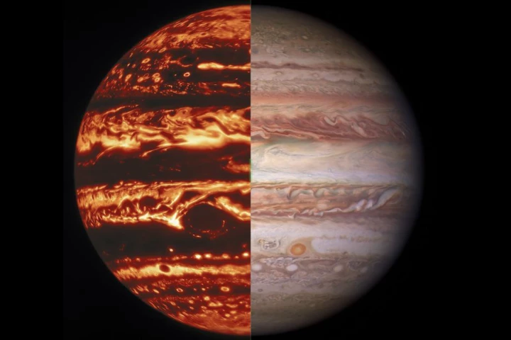 Composite image shows Jupiter's stormy exterior in infrared light (left) and in visible light (right)