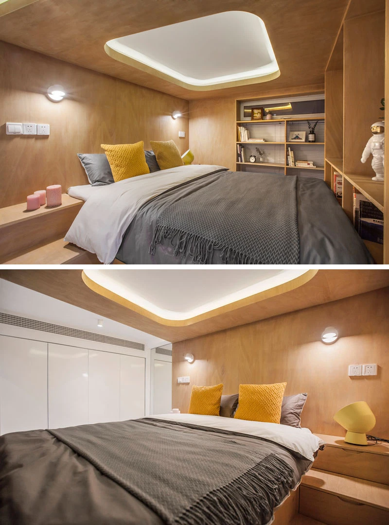 The sleeping quarters has been strategically elevated, allowing for allof the below space to be filled with hidden storage and cupboards