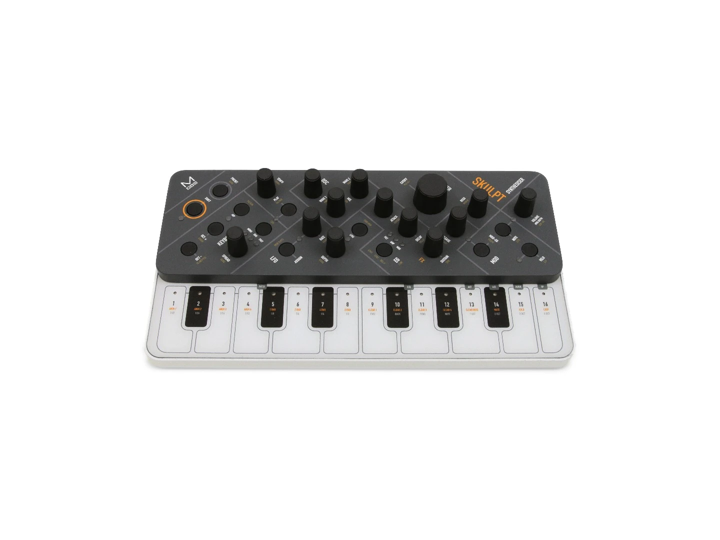 Parameters can be tweaked using the 13 front panel encoders and notes entered on the 16 keys to the front of the Skulpt