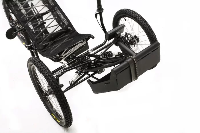 The available footrest can be used with the hand cycle or for a fully electric ride