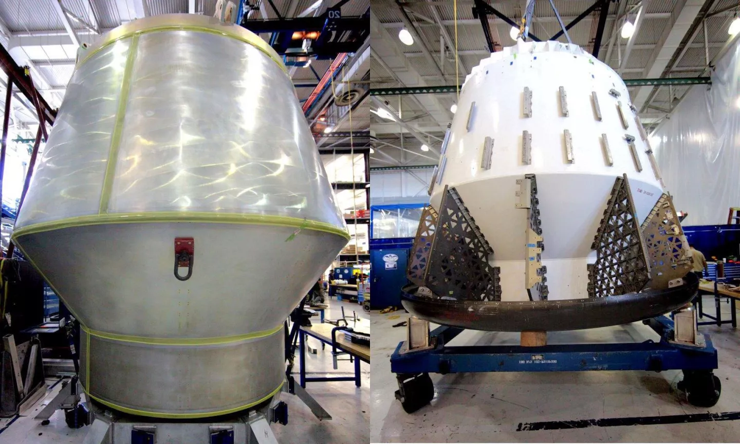 On the left is the Dragon mock-up for the launch pad abort test, on the right is the Dragon mock-up for the in-flight abort test (Photo: SpaceX)