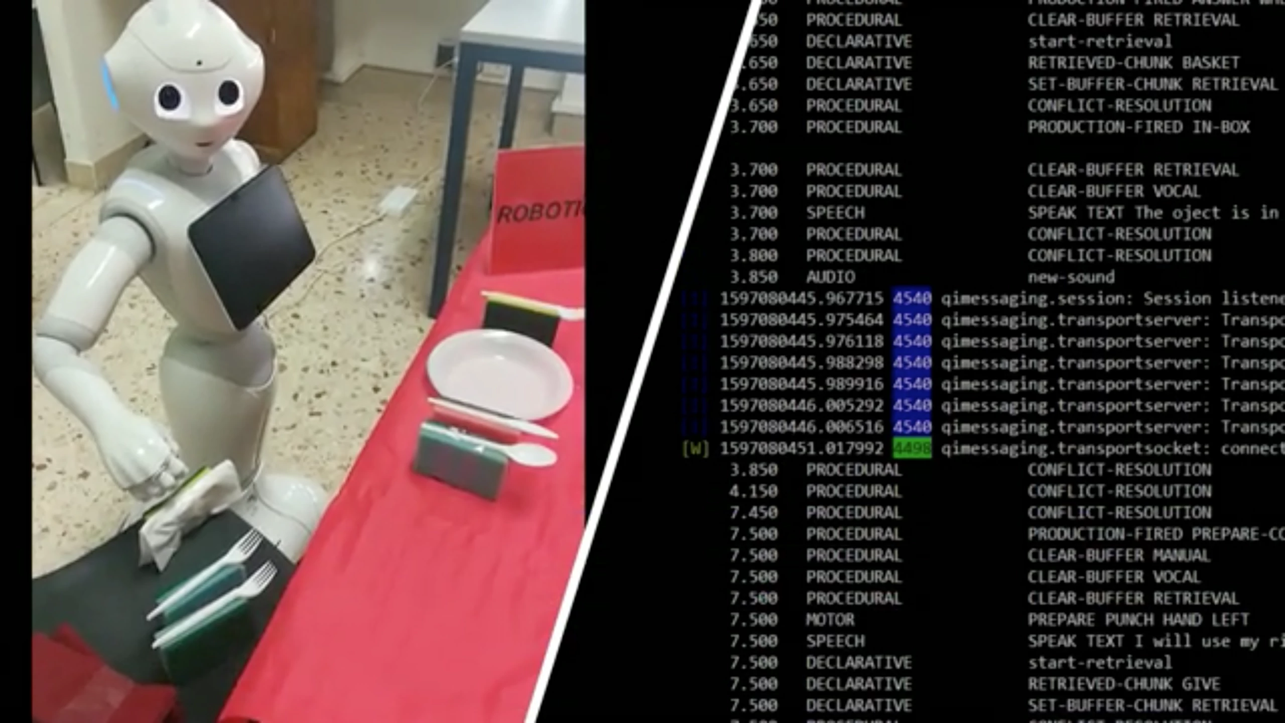 Pepper the robot talks itself through a problem involving napkin placement on a table