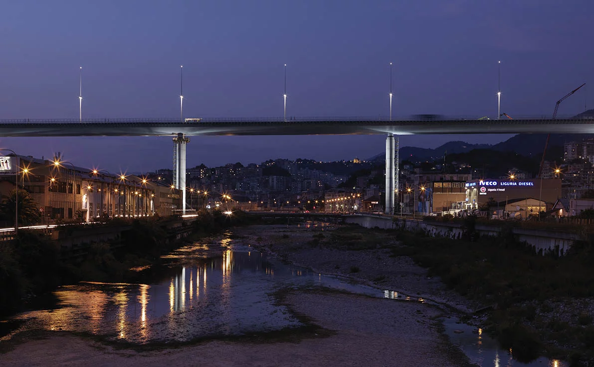 The Genova San Giorgio Bridge, shown at night. The bridge's lighting and other systems are fully powered from integrated solar panels