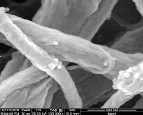 Titanium dioxide nanoparticles lodge themselves into the pores of spun polyvinyl fibers