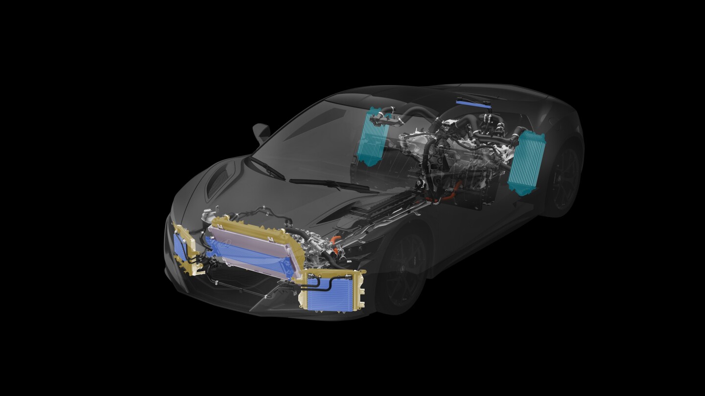 Cooling the NSX's complex powertrain are 10 individual heat exchangers