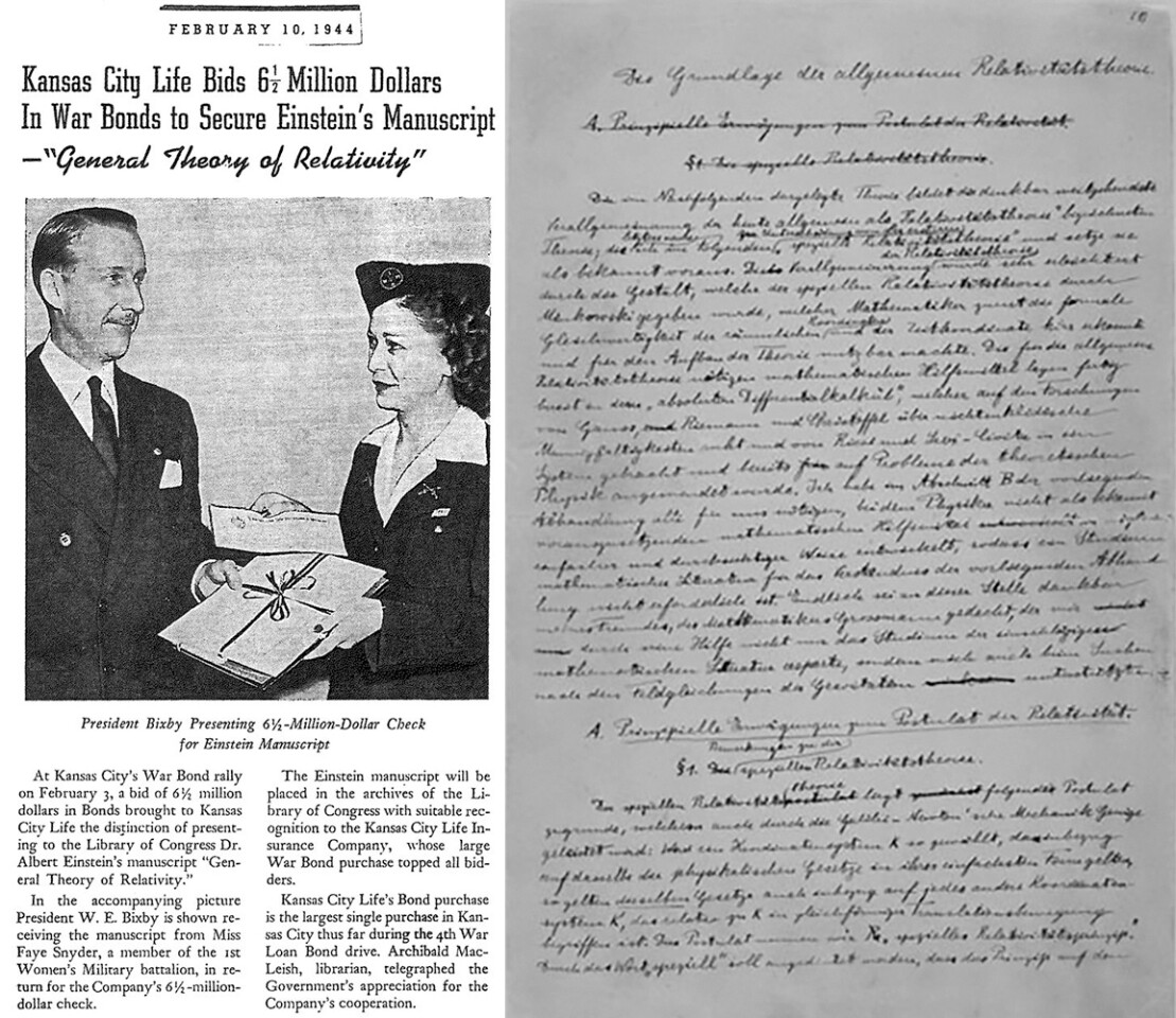 Einstein famously threw out the original hand-written manuscript of his Theory of Relativity when the paper was published in 1905, but made another hand-written copy in 1943 to raise money for the war effort. The paper was purchased at a 1944 auction held by the Kansas City Womens Club by the Kansas City Life Insurance Company for $6.5 million, which donated the manuscript to the U.S Library of Congress, where it still resides. Despite the date of the auction, only the Leonardo da Vinci codex (purchased by Bill Gates for $30,802,500 in 1994) and John James Audubon's "Birds of America" ($11,570,496 - £7,321,250 at a Sotheby's auction in December, 2010) are the only scientific documents to have ever sold for more money at auction.
